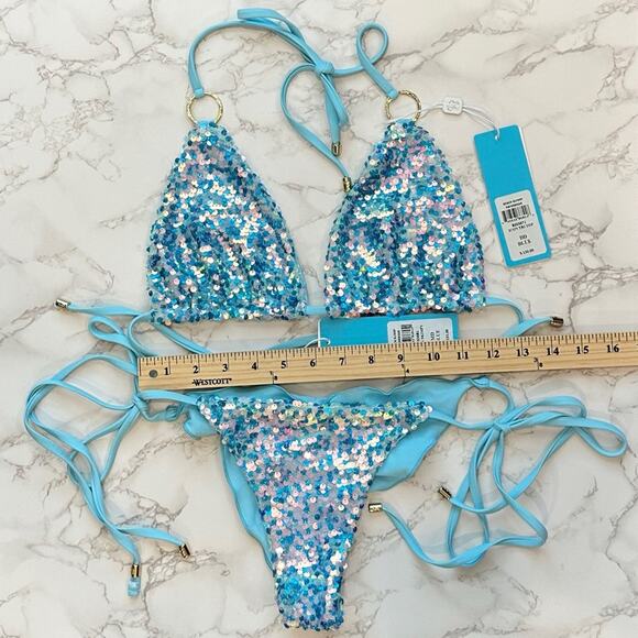 Beach Bunny Blue Icon Triangle Top & Icon Tie Side Skimpy Bottom $250 - Picture 11 of 12